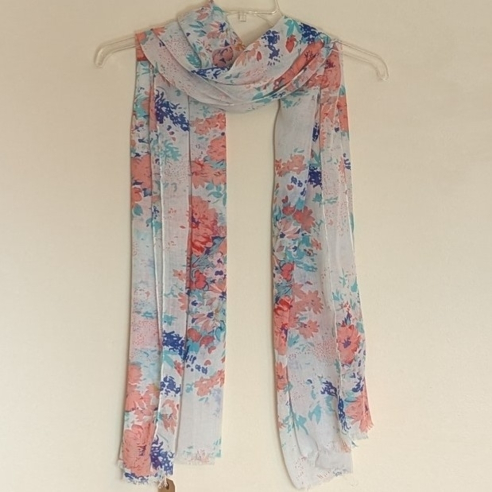 Melifluous Coral & Blue Floral Scarf | 35" x 70" - Picture 5 of 6